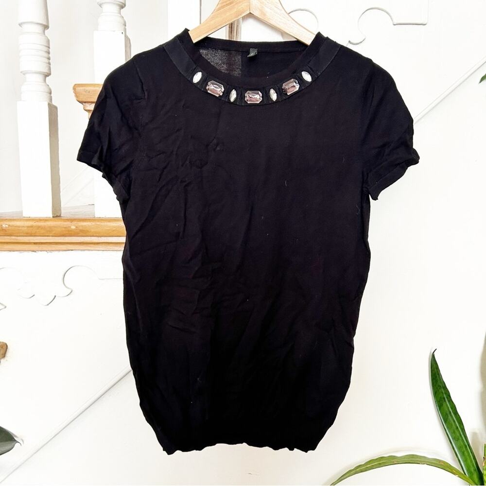 Stile Benetton Embellished Collar Short Sleeve Crew Neckline Black Top Size M